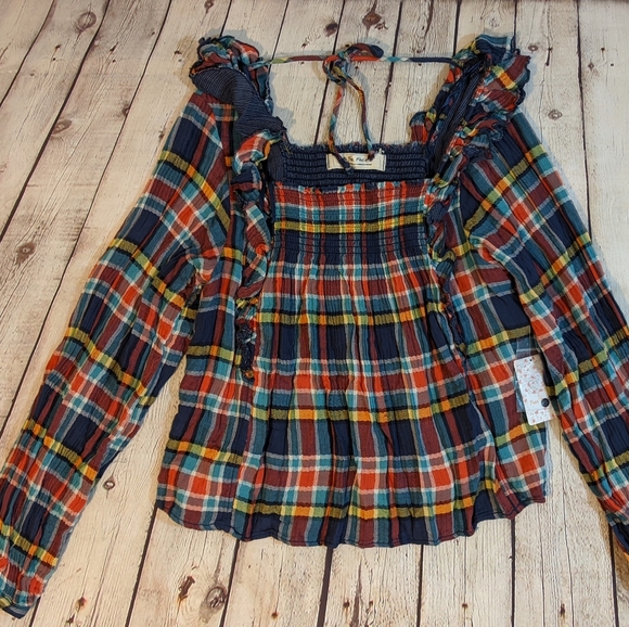 Free People Navy Sienna Plaid Long Sleeve Top - Picture 5 of 10